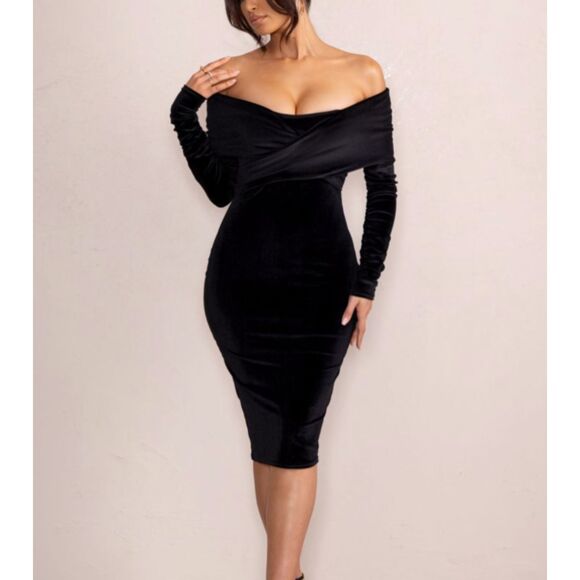 CLUB L Flatter Me Velvet Bardot Midi Dress Black NWT (UK‎ 8) US 4 - Picture 1 of 5